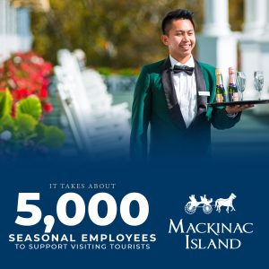 Photo illustration showing one of 5,000 seasonal Mackinac Island employees carrying a platter of drinks