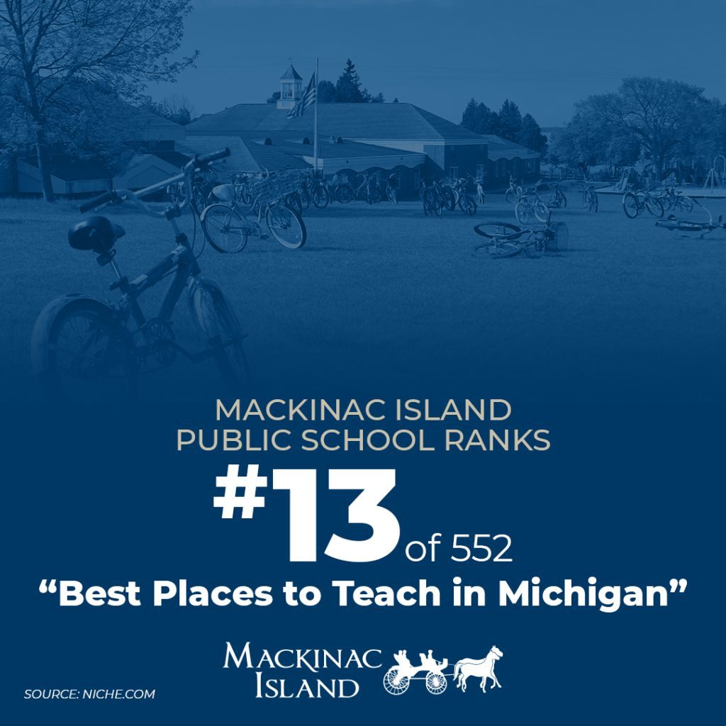 Photo illustration showing that Mackinac Island Public Schools ranks 13th in Michigan's Best Places to Teach