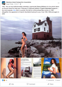 A Facebook post commemorating the anniversary of a Sports Illustrated swimsuit issue photo shoot on Mackinac Island
