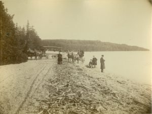 During the Mackinac National Park era in the late 1800s, visitors enjoyed traveling around the outer rim of Mackinac Island.