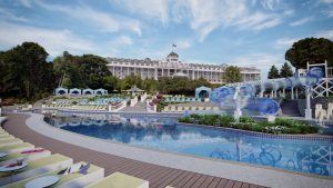 The heated outdoor swimming pool at Mackinac Island’s Grand Hotel is named after 20th-century movie star Esther Williams.