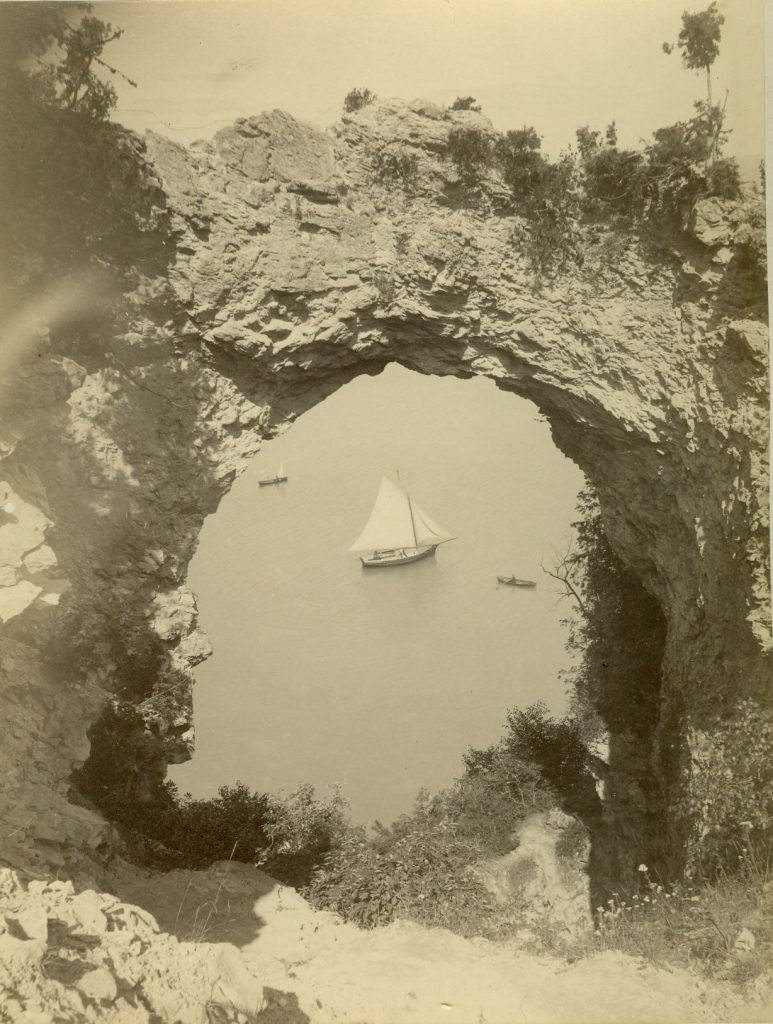 During the Mackinac National Park era in the late 1800s, Arch Rock was a great spot for photos high above Lake Huron.