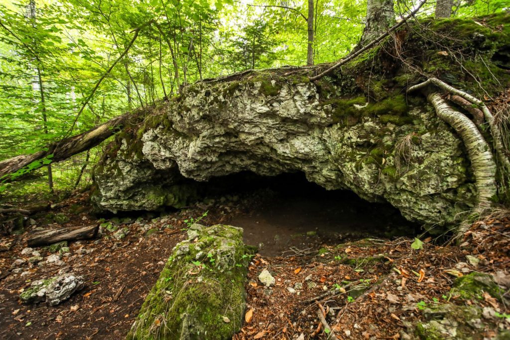 The mouth of Mackinac Island's Cave of the Woods opens to the forest inside Mackinac Island State Park