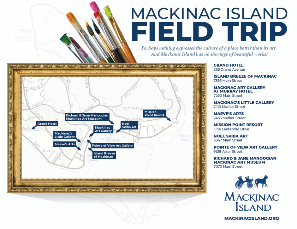 A map of art galleries on Mackinac Island to visit on a cultural field trip