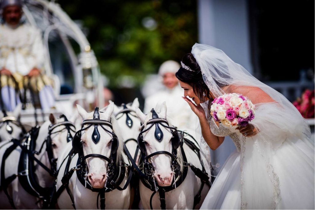 A Mackinac Island bride holding a bouquet of flowers whispers to a team of white horses pulling a carriage