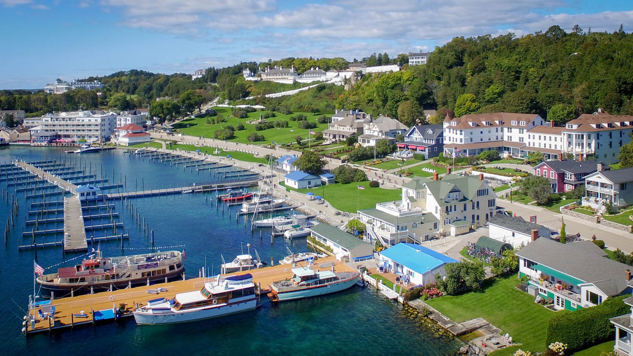 Special permission is needed to operate a drone on Mackinac Island, which is beautiful to see from above. 