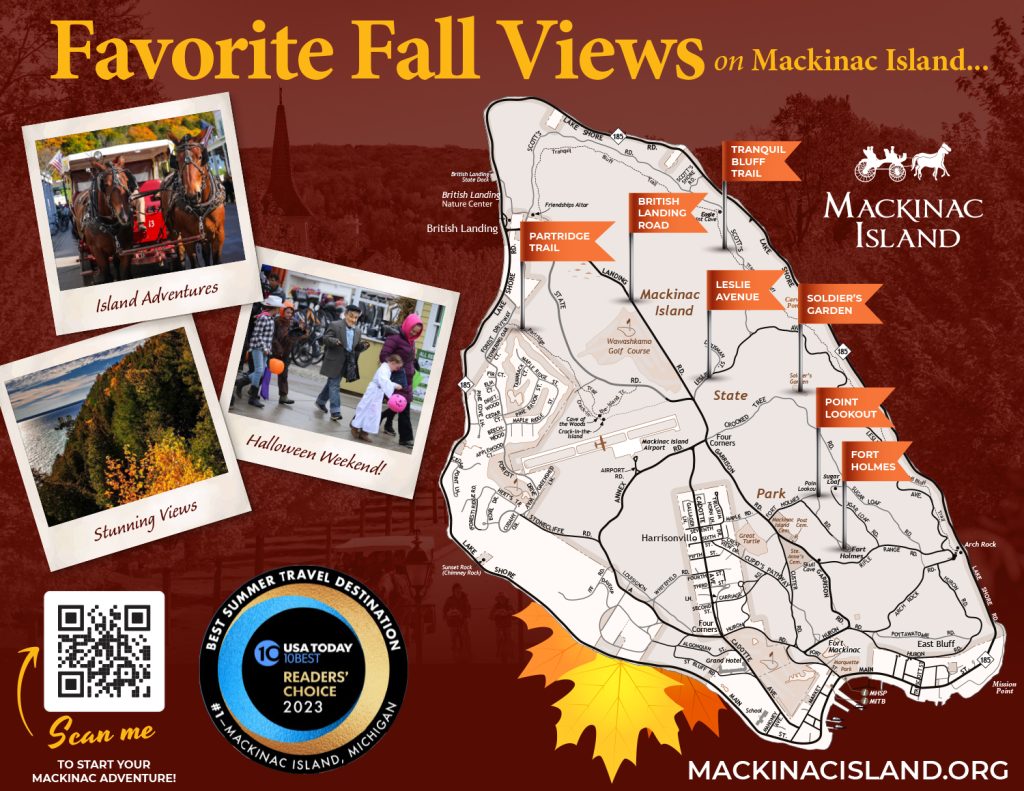 Infographic showing Favorite Fall Views on Mackinac Island including Point Lookout, Tranquil Bluff Trail and others