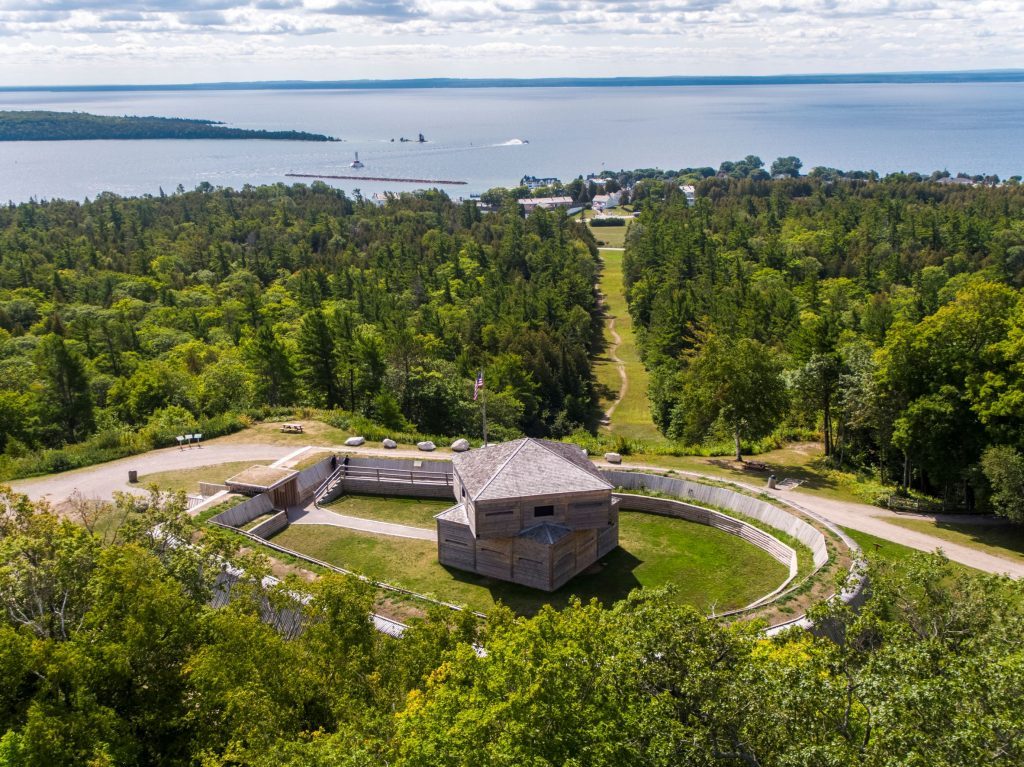 A drone aerial image of Fort Holmes, which sits at the highest point on Mackinac Island. 