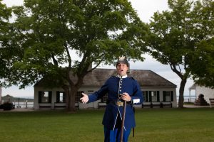 A costumed interpreter talks about life at historic Fort Mackinac on Mackinac Island