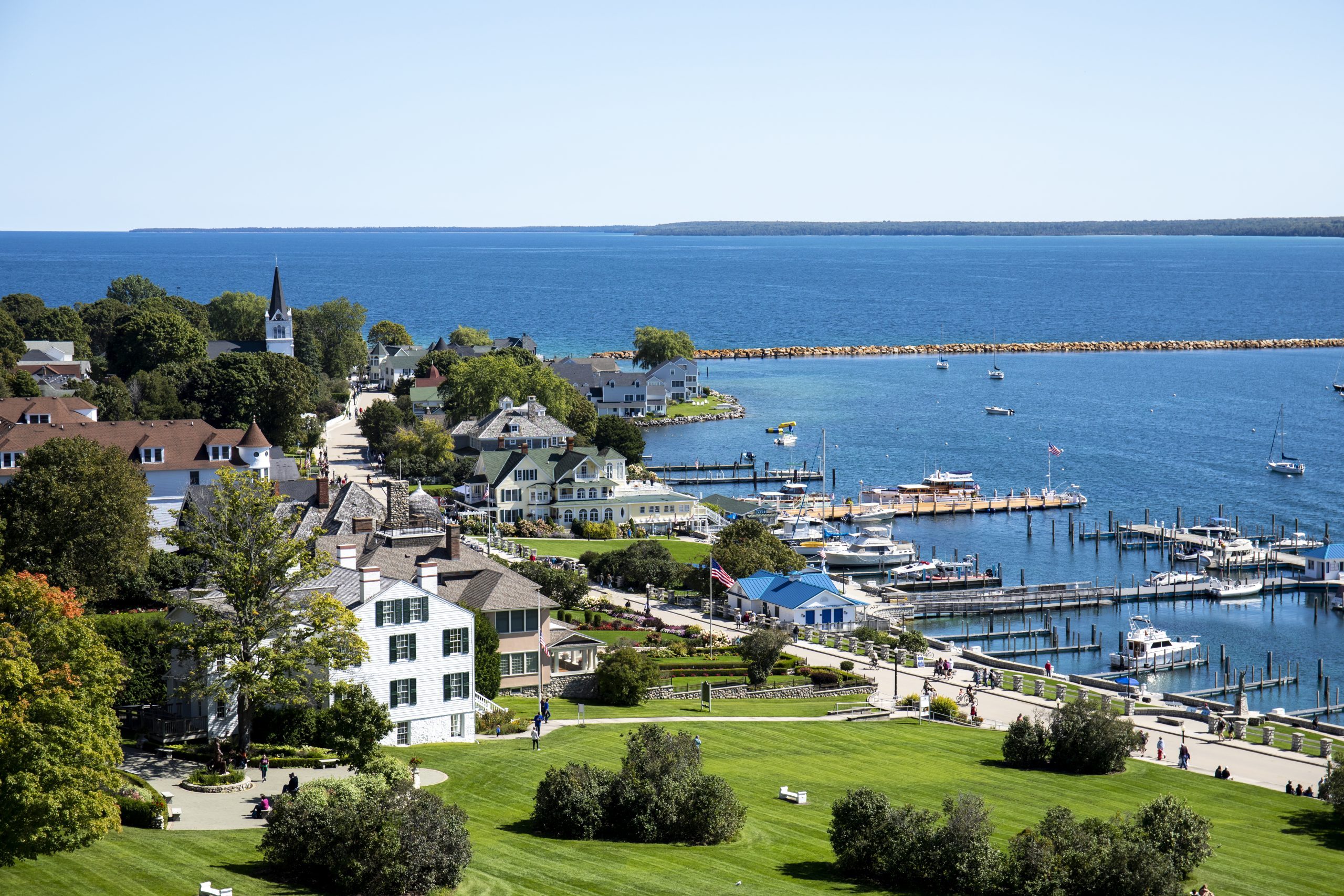 A view of Mackinac Island’s harbor overlooking Marquette Park from Fort Mackinac up on the bluff