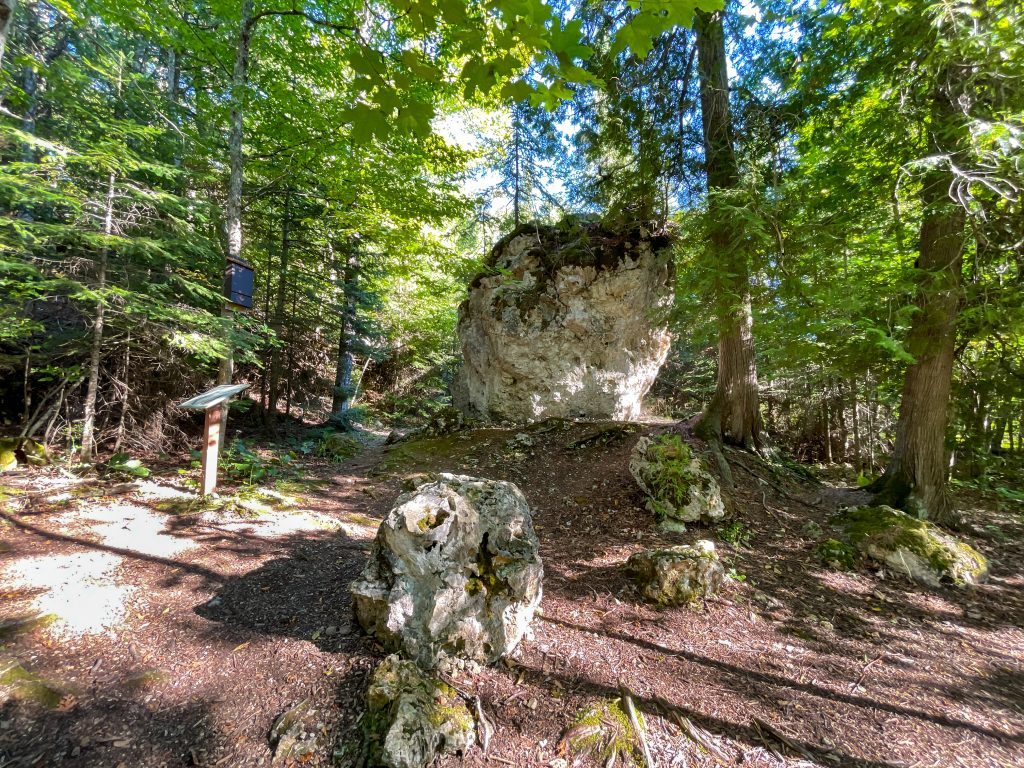 Friendship’s Altar is a limestone stack rising out of the Mackinac Island State Park forest near British Landing