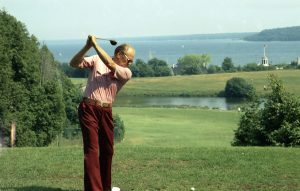 President Gerald R. Ford tees off on The Jewel Golf Course at Mackinac Island's Grand Hotel in the 1970s
