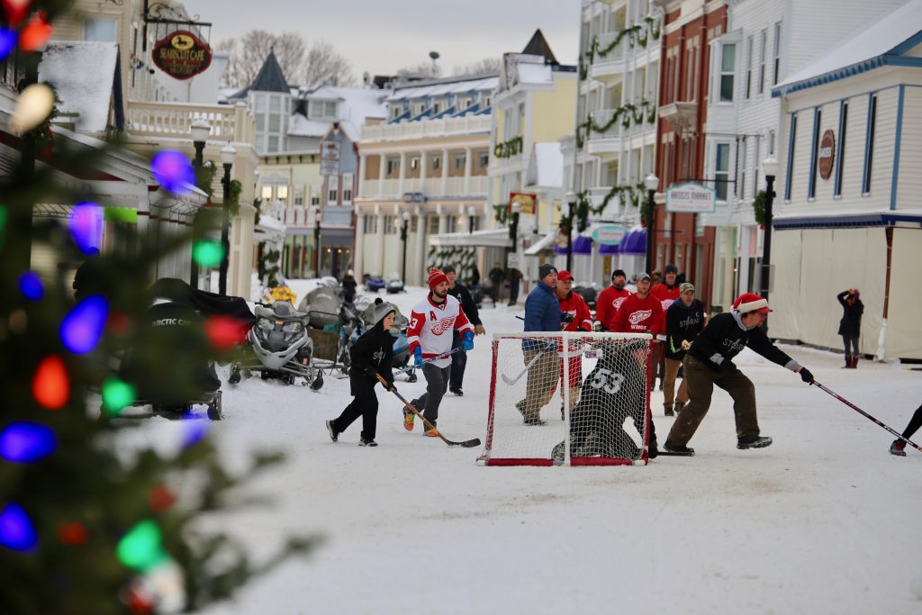 Street hockey is a popular winter activity on Mackinac Island for both year-round residents and offseason visitors alike.