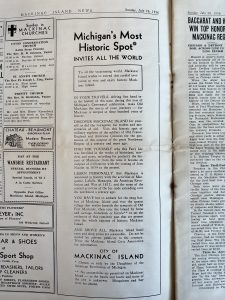 An old newspaper ad inviting people to visit Mackinac Island, "Michigan's Most Historic Spot"