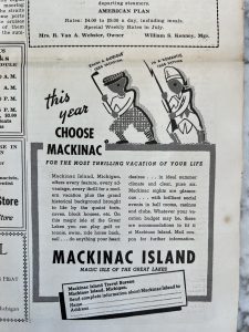 An old newspaper ad touting Mackinac Island as the place to go "for the most thrilling vacation of your life"
