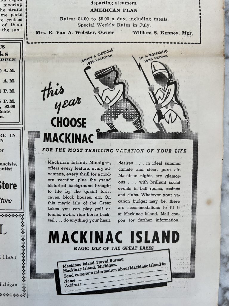 An old newspaper ad touting Mackinac Island as the place to go "for the most thrilling vacation of your life"