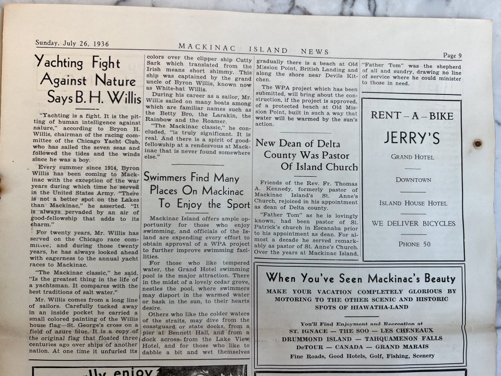 A Mackinac Island News page from 1936 with articles and ads about the island