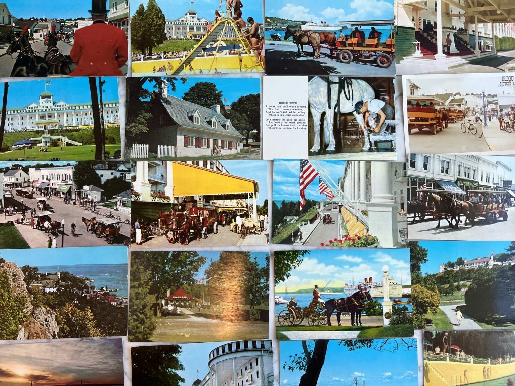 Collage of old photos from Mackinac Island's past showing horses, historic sites and other attractions