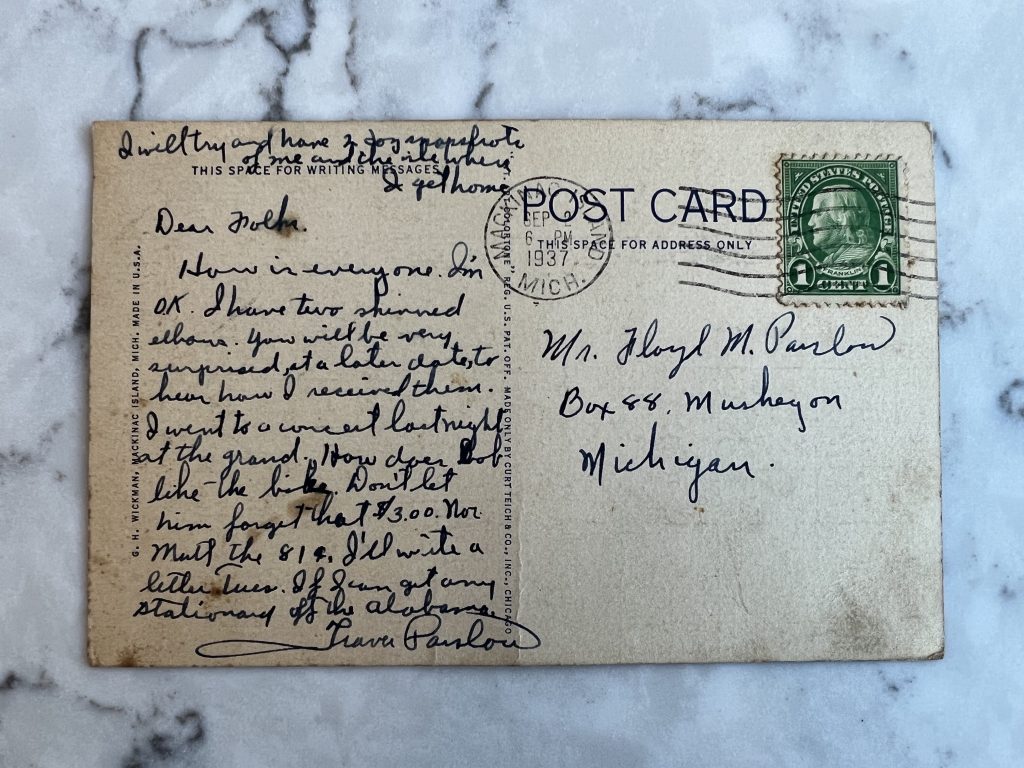 An old postcard from Mackinac Island postmarked in 1937