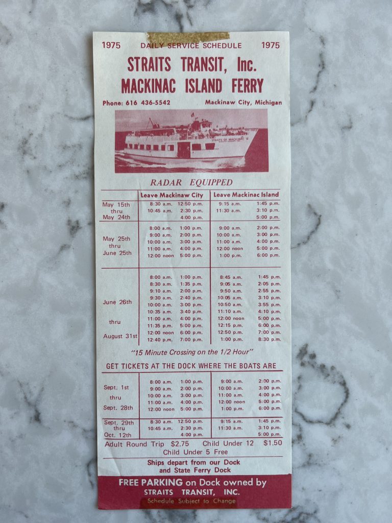 A printed Mackinac Island ferry schedule from 1975