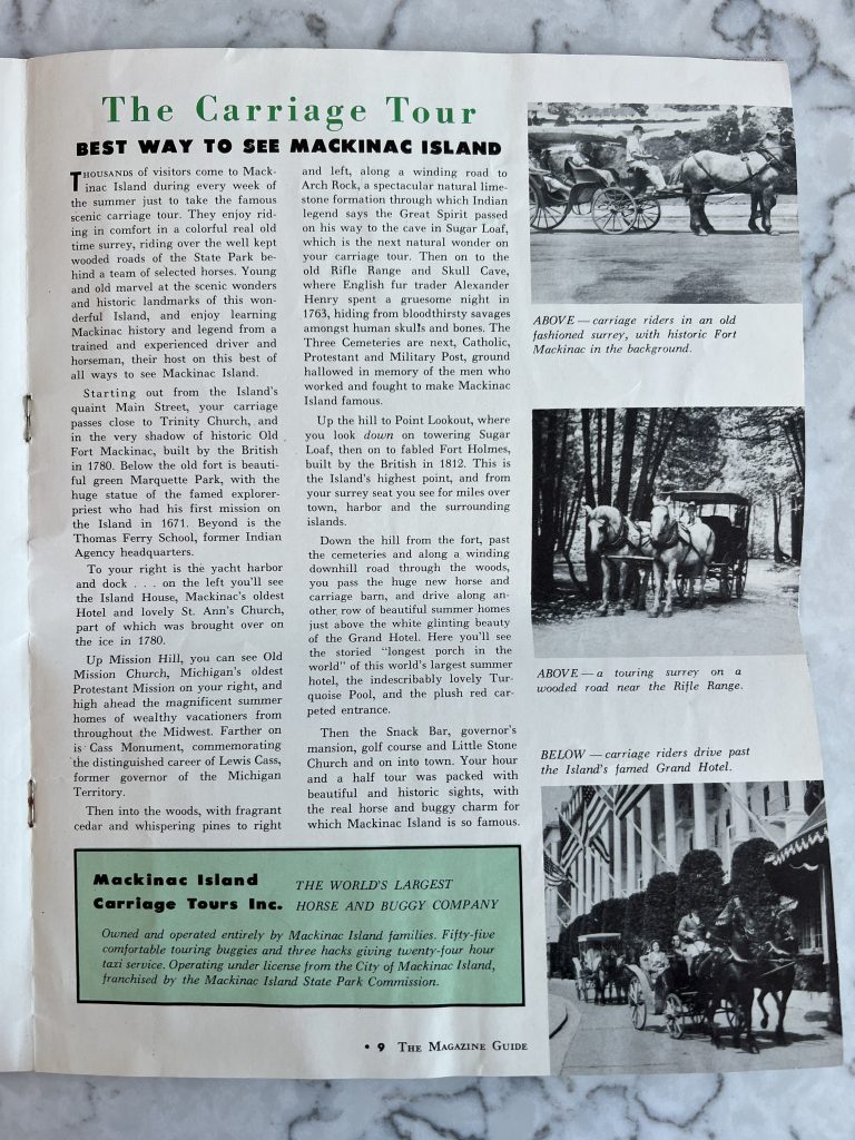 An old magazine article about Mackinac Island carriage tours with photos of horse-drawn carriages