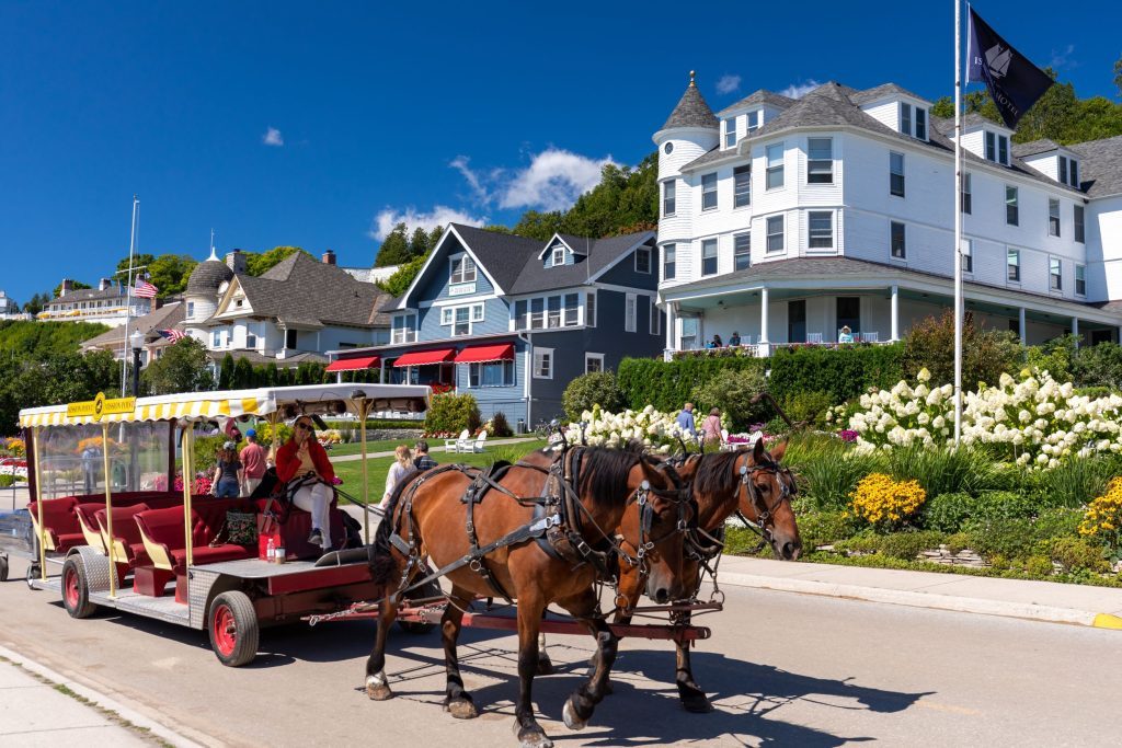 A horse-drawn taxi clops down a Mackinac Island street with cottages in the background