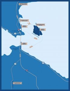Infographic showing Mackinac Island travel routes by plane, car and ferry boat