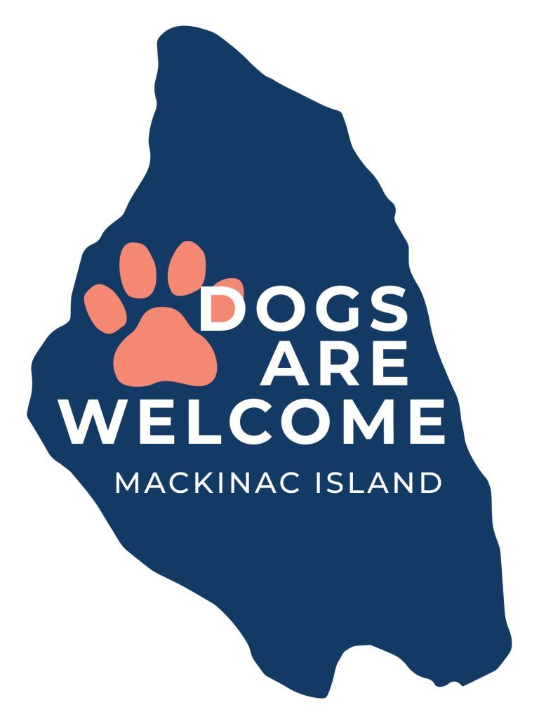 A graphic map of Mackinac Island with a paw print and the words "Dogs are Welcome" on it