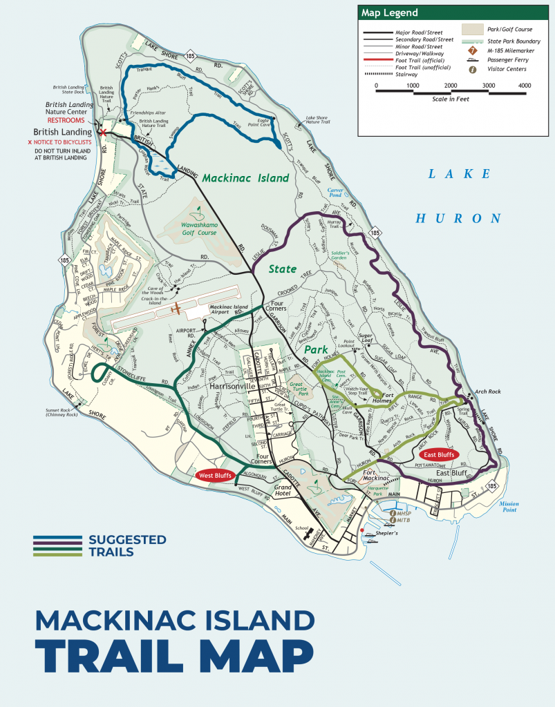 Mackinac Island Trail Map featuring color-coded paths for hiking, biking and horseback riding