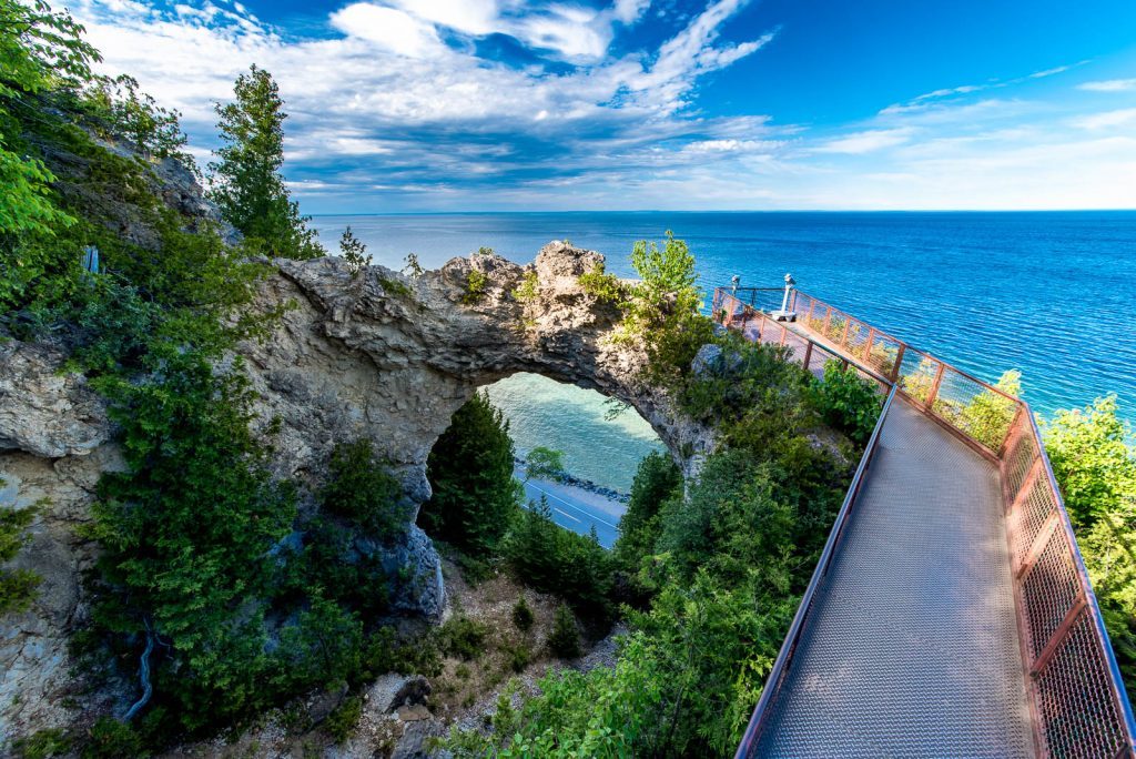 Magnificent Arch Rock looms high above Lake Huron on the east shore of Mackinac Island.