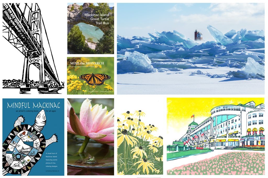 A selection of Mackinac Island book covers, photographs and linoleum block prints available at Mackinac Memories
