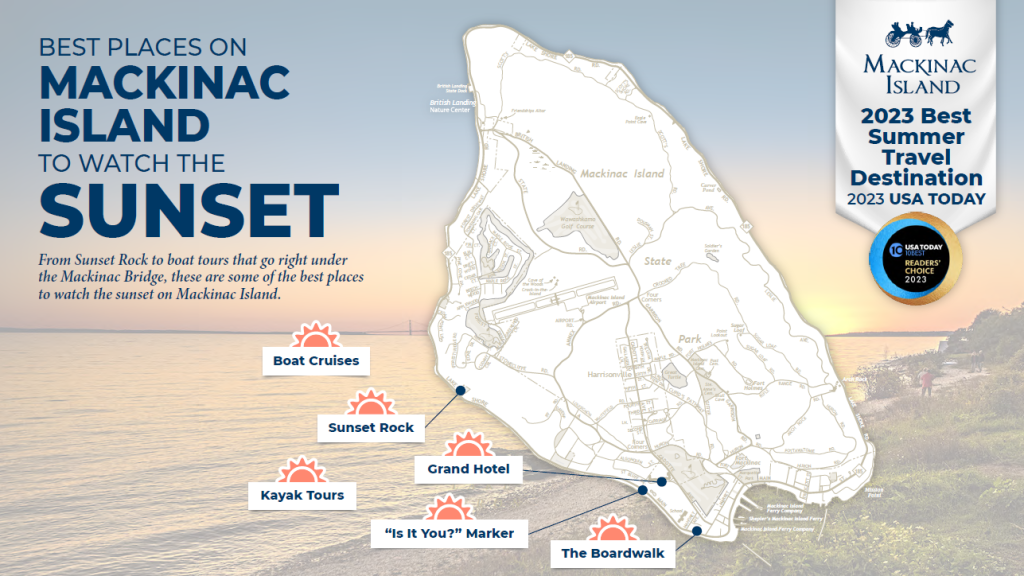Map of prime locations to watch the sunset on Mackinac Island 
