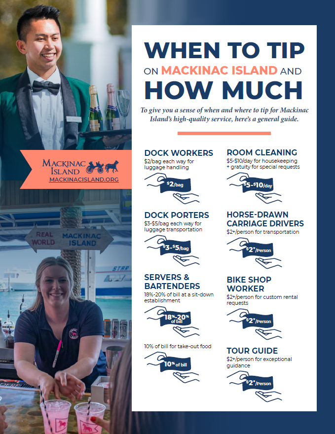 Infographic showing suggesting when to tip workers while visiting Mackinac Island and how much