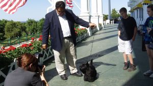 Sadie the Scottish Terrier on Leash Posing for Photo at Grand Hotel of Mackinac Island