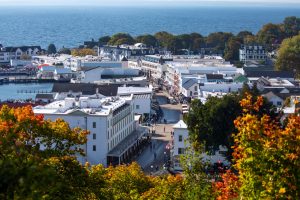 A view of downtown Mackinac Island from the bluff with fall colors in foreground and water in background