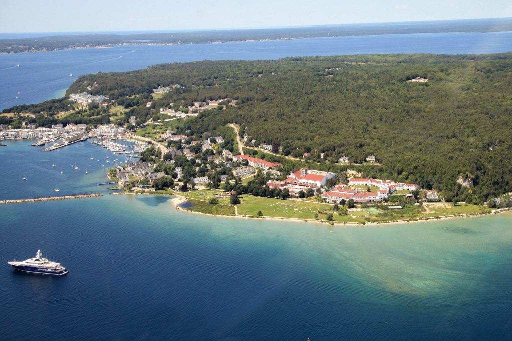 An aerial view of Mackinac Island’s Mission Point Resort taken from a plane