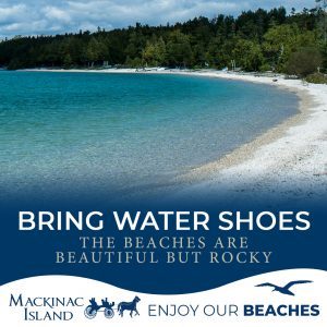 Photo illustration urging visitors to bring water shoes to Mackinac Island's beautiful, rocky beaches