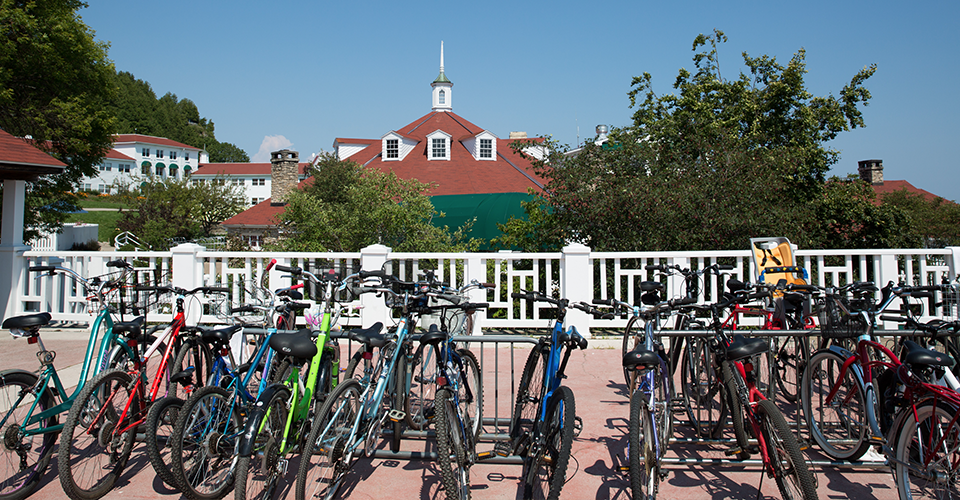 A line of bikes stands parked at Mission Point Resort on Michigan's Mackinac Island