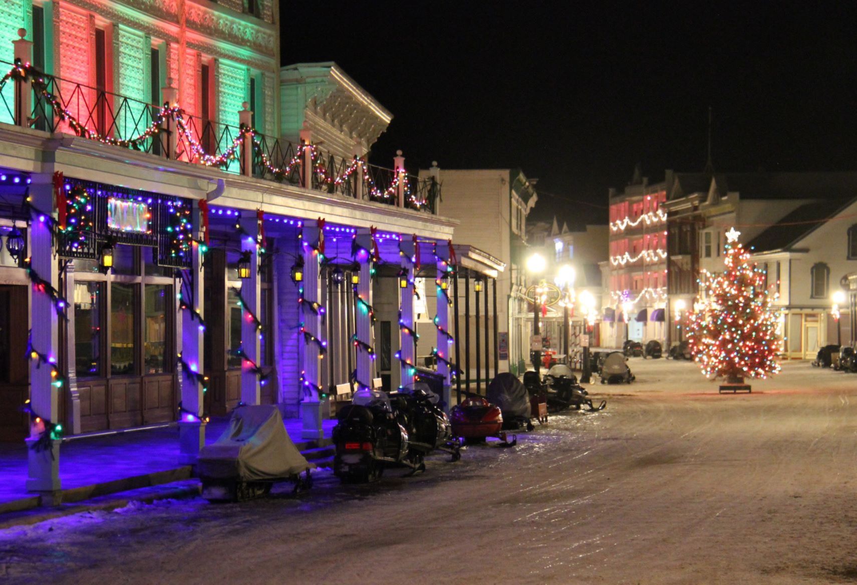 Shopfronts of Downtown Mackinac Decorated for the Winter Holidays