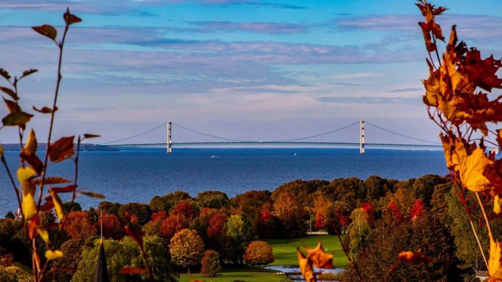 The Mackinac Bridge connects Michigan’s Upper and Lower peninsulas, just a few miles off the shores of Mackinac Island.