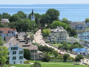 Overlooking Photo of Downtown Mackinac Against Water