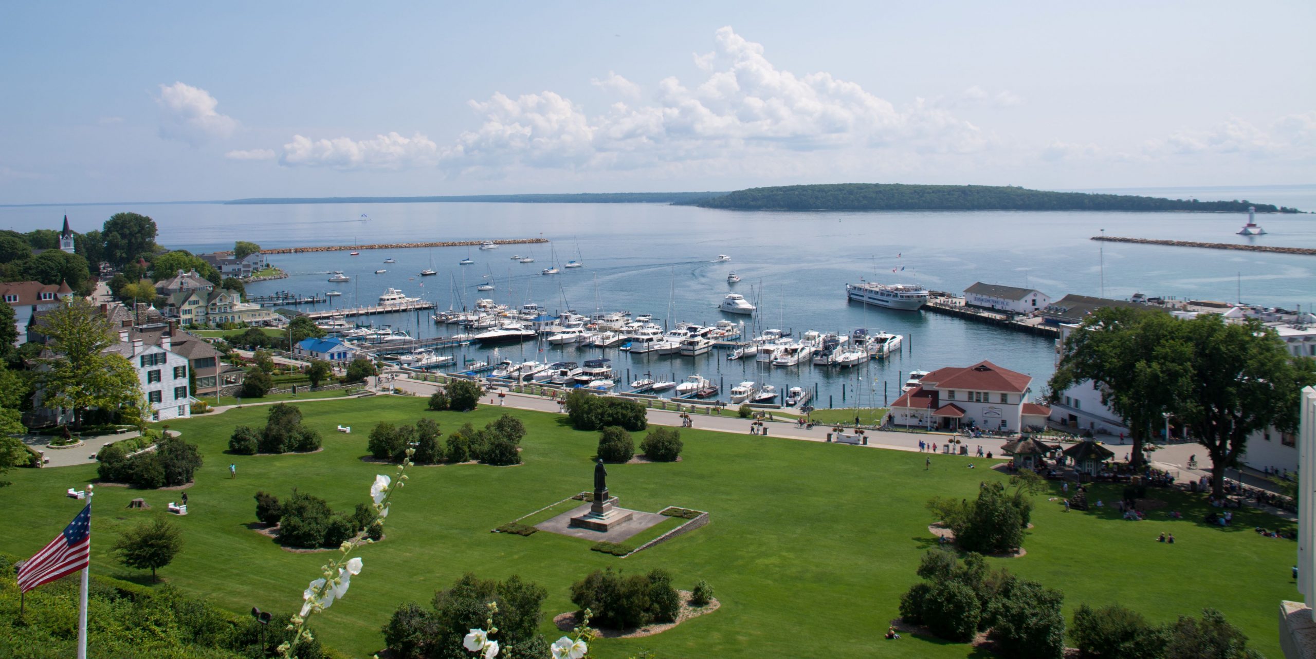 Mackinac Island harbor sits at the foot of Fort Mackinac across from Marquette Park with 80 boat slips in the public marina.