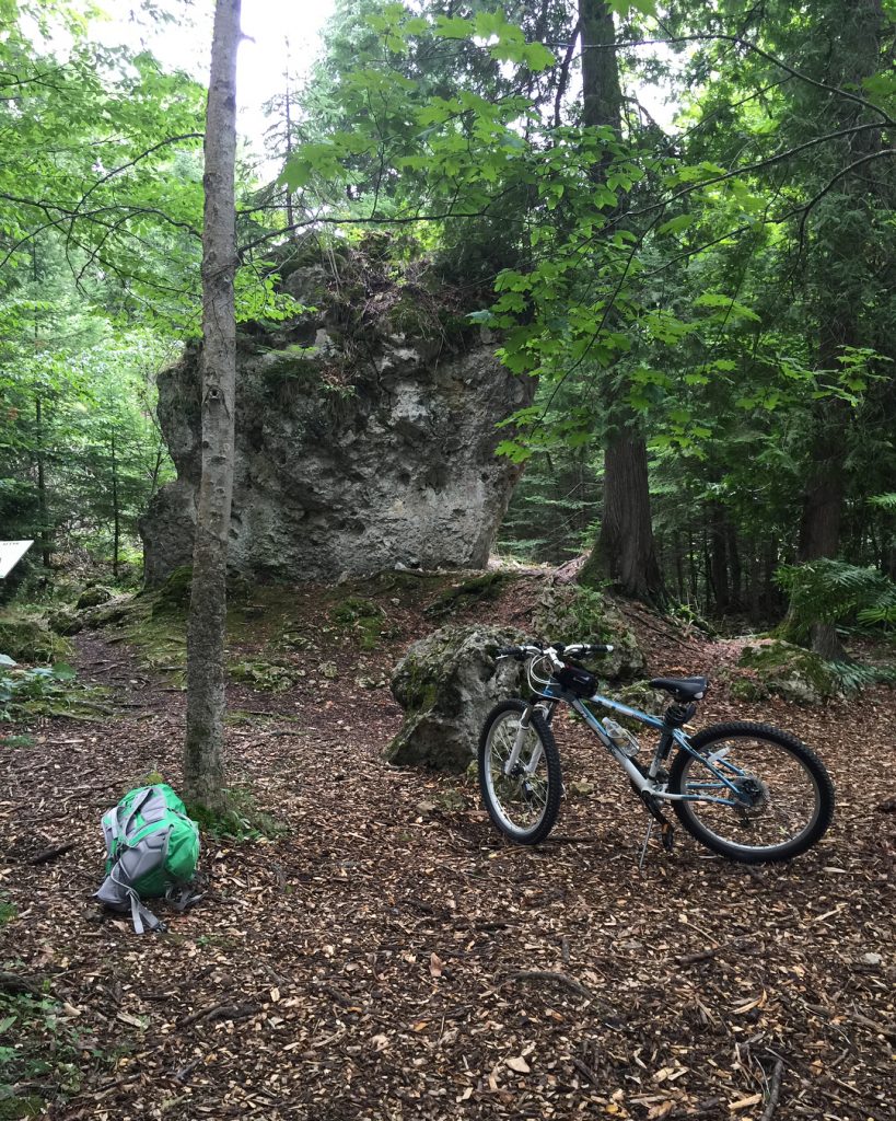 Bike Parked with Backpack in Wooded Trail on Mackinac Island