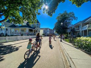 Bicycling on Mackinac Island is one of the main ways of getting around because cars are not allowed on Mackinac Island.
