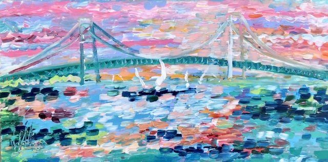 An impressionistic painting of the Mackinac Bridge by Noel Skiba, from Noel Skiba Art gallery on Mackinac Island