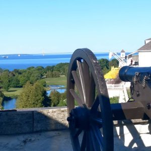 View Beside Cannon From the Top of Fort Mackinac Overlooking Horizon Beyond Mackinac Island