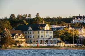 A view from the water of the historic Windermere Hotel on Mackinac Island at Windermere Point downtown