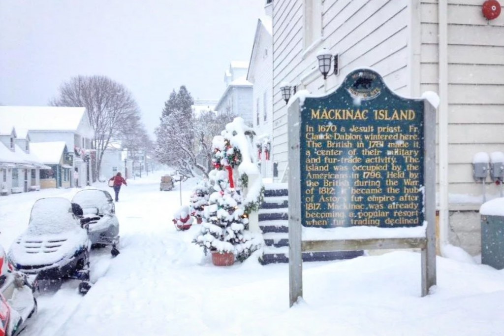 Snowmobiles are popular winter transportation on Mackinac Island, which gets 94 inches of snow per year on average.