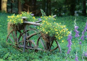 Wooden Arrangement of Flowers and Basket in Field on Mackinac Island